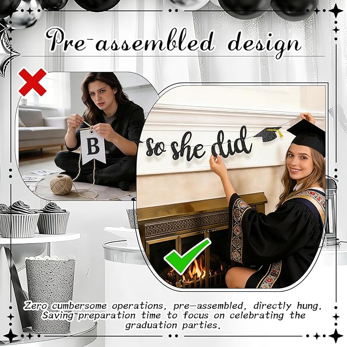 She Believed She Could So She Did Banner - Pre-Strung Glitter Graduation Decorations 2026 for Women Girls, Inspirational Grad Party Supplies, Class of 2026 College High School Masters PhD Decor (Black)
