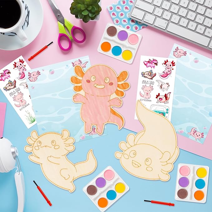 BeYumi Axolotl Party Favors Set - 24Pcs Axolotl Birthday Party Supplies Tattoo Stickers and Watercolor Paint Craft Kit Birthday School Classroom Goodie Bags Stuffers Prize Gifts for Kids Girls Toddler