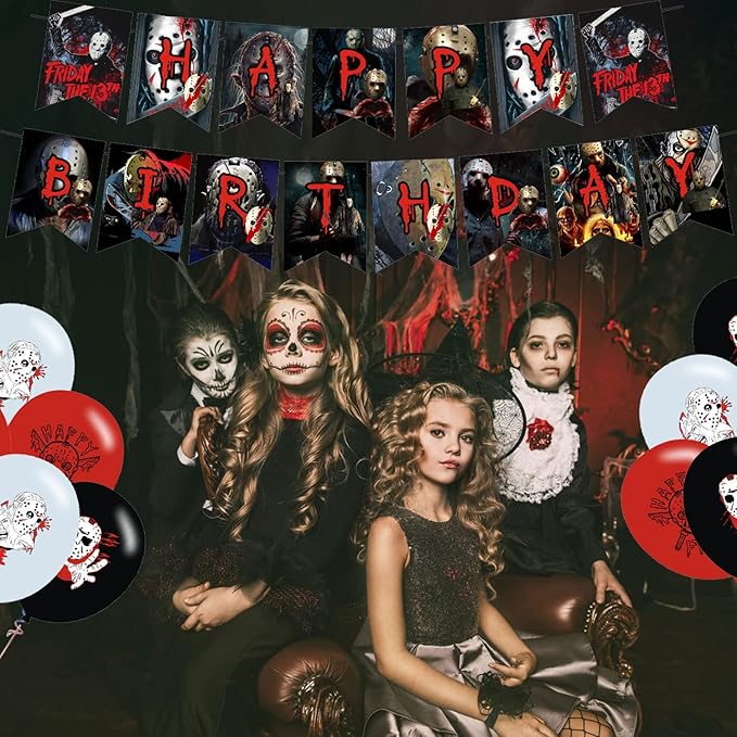 Party Decorations,Birthday Party Supplies for Horror Movie Party Supplies Includes Banner - Cake Topper - 12 Cupcake Toppers - 18 Balloons