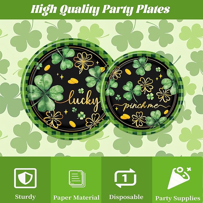 Rakuto St Patricks Day Plates and Napkins Decorations, 96PCS Lucky Green Shamrock Party Decoration, St Patrick's Day Disposable Forks Tableware Decor for Irish Birthday Holiday Serve 24