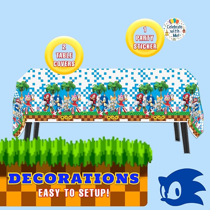 Unique Sonic The Hedgehog Party Table Covers 2-Pack Plastic Tablecloths 54” x 84” with Celebrate with Me Sticker | Sonic Birthday Party Supplies for Kids