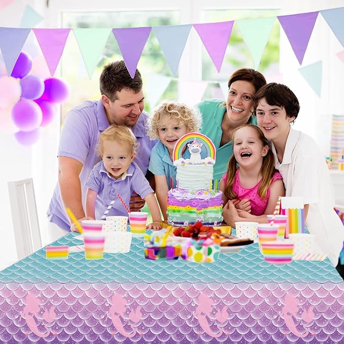 Jectivs 3Pcs Mermaid Birthday Party Tablecloth Decorations,Disposable Plastic Table Cover for Princess Under The Sea Baby Shower Themed Kids Birthday Party Supplies,108x54 Inch