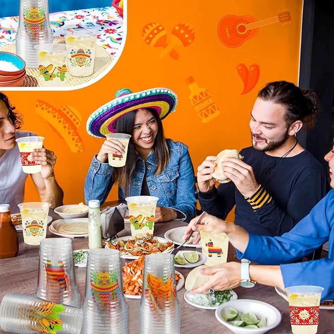 100Pcs Fiesta Cups,12 OZ Plastic Disposable Clear Mexican Cups for Cinco De Mayo Drinkware Party Supplies Fiesta Taco Birthday Party Decorations, 5 Designs