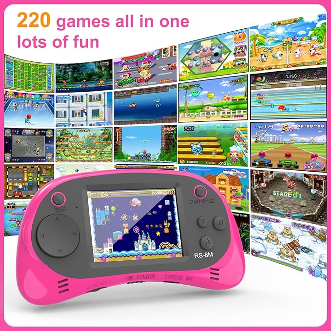Handheld Games for Kids -16 Bit Retro Video Game with 220 HD Electronic Games - 2.5'' IPS Portable Travel Game Gifts for Boys Girls Ages 4-12