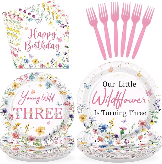 96Pcs Wildflower 3rd Birthday Decoration Our Little Wildflower Is Turning Three Plates and Napkins Spring Flower Third Birthday Decoration for Girl Floral Three Years Old Bday Party Supplies Serve 24