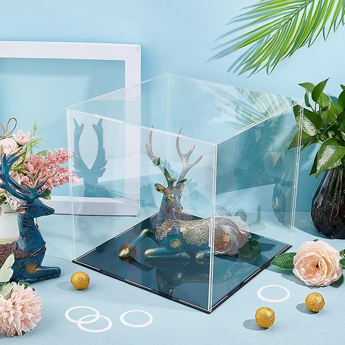 FINGERINSPIRE Clear Acrylic Display Case with Black Base & 4 Pcs Rubber Rings 10x10x10 Inch Cube Clear Self-Assembly Acrylic Box Dustproof Protection Showcase for Action Figures Collectibles Toys