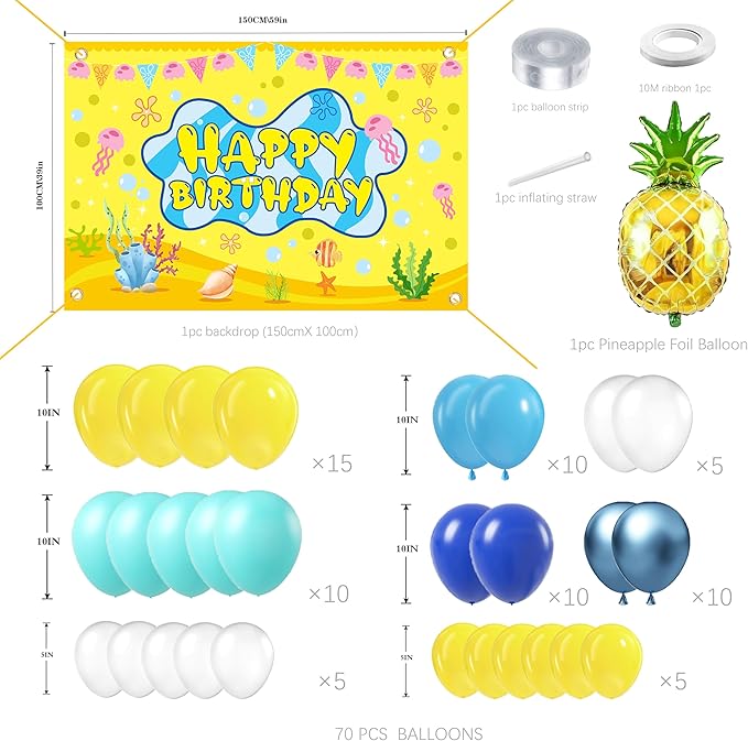 Cartoon Sponge Balloon Arch Kit-Blue Green Yellow Balloons Birthday Decorations For Boys girl,Party Decor Supplies Girls Including Happy Birthday Backdrop