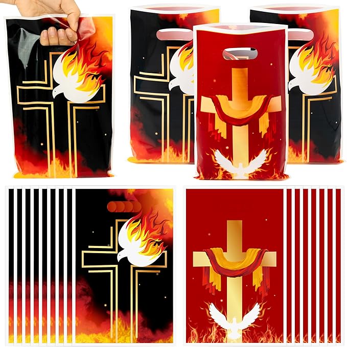 Pentecost Christian Party Favor Bags - 50Pcs Religious Christian Flame Cross Dove Goody Treat Bags, Jesus Holy Spirit Party Decoration for Pentecost Church Sunday School Liturgical Seasons