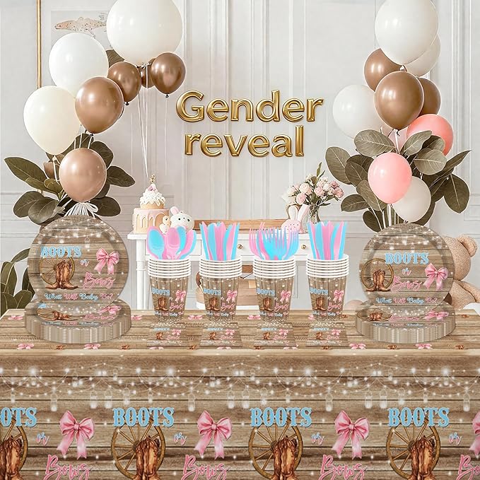 MEHOFOND Boots Or Bows Gender Reveal Decorations, Pink or Blue Party Supplies Rustic Wood Disposable Tableware Set 169Pcs Plates Napkins Plastic Tablecloth for Western Cowgirl Gender Reveal