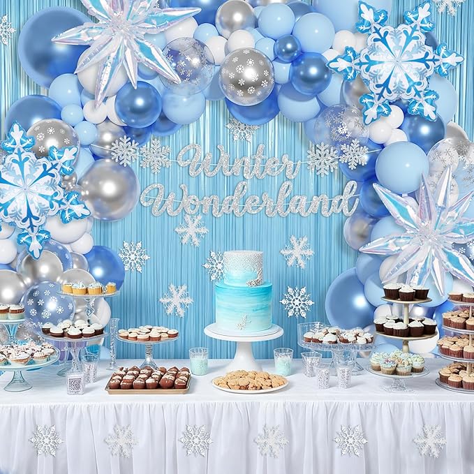 Amandir 162PCS Blue Snowflake Balloons Arch Garland Kit, Winter Wonderland Banner White Silver Latex Snow Confetti Balloons Princess Winter Wonderland Christmas Baby Shower Birthday Party Decorations