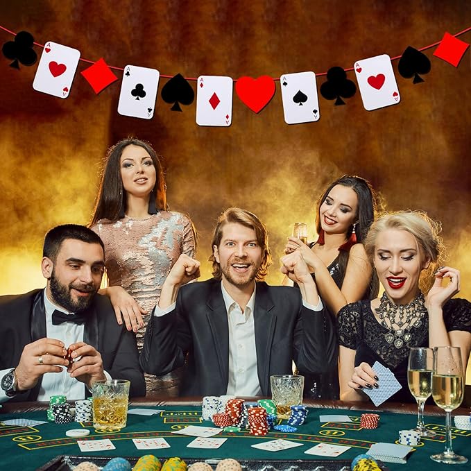 Sherr 2 Pcs Poker Theme Party Decorations 10 ft Pre-Strung Poker Birthday Banner Hanging Dice Garland for Game Night Bachelorette Theme Party Favors Graduation Supplies (Classic Style)
