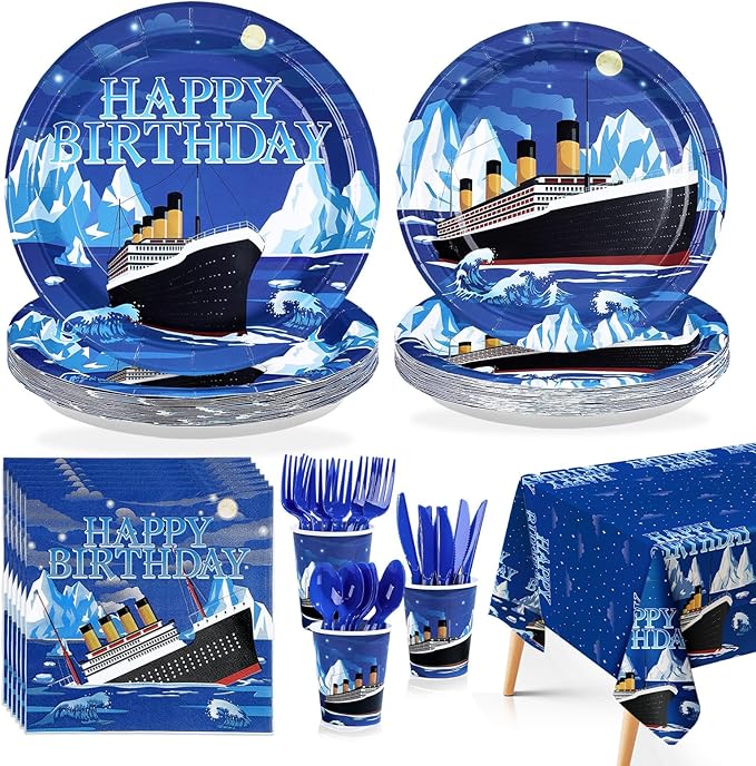 170Pcs Nautical Birthday Party Supplies Cruise Ship Plates and Napkins Cups Forks Tablecloth Ocean Cruise Liner Theme Tableware Sets for Kids Adults Birthday Baby Shower Party Favors Serves 24