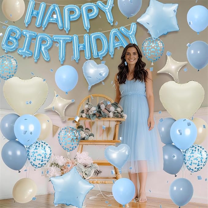 Dusty Blue Birthday Decorations for Boys Fog Baby Light Baby Blue Sand White Balloons Confetti Party Balloon Happy Birthday Banner Heart Balloons 18/10 Inch Star Balloon for Men Bday Party Supplies