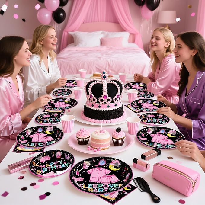 Grencian 96 Pcs Sleepover Birthday Party Supplies Black Sleepover Plates and Napkins Disposable Tableware Set Pajama Party Decorations for Girls Slumber Themed Birthday Decorations Serves 24