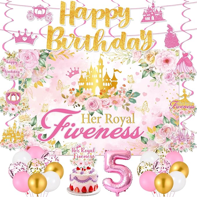 Princess 5th Birthday Party Decorations, Her Royal Fiveness Birthday Banner Pink Princess 5th Backdrop Banner Hanging Swirls Balloons Cake Topper for 5 Years Old Girl Bday Party Supplies