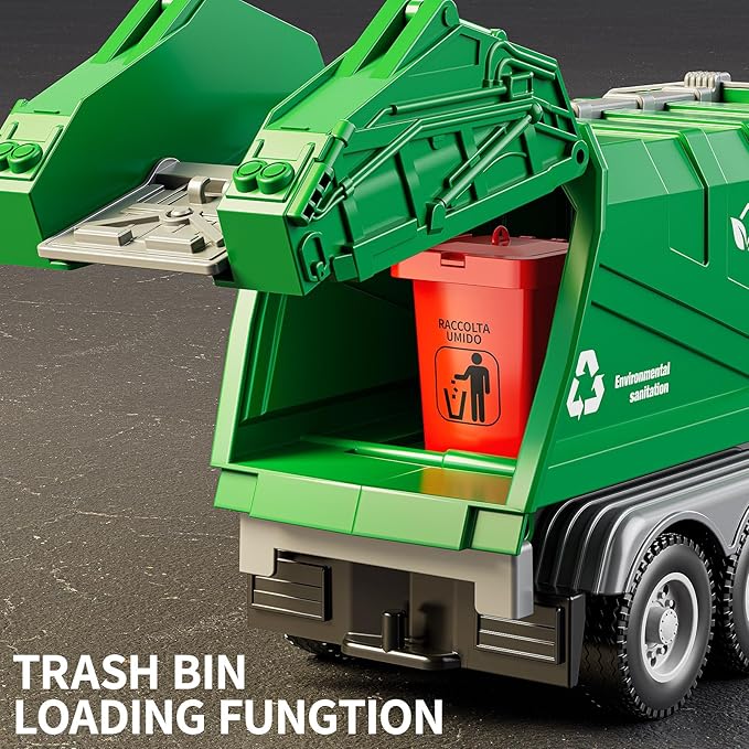 Kids Garbage Truck Toy Friction Powered Waste Management Garbage Recycling Truck with Lights, Sounds, 3 Rear Loader Trash Bins, Gifts for 3 4 5 6 7 8 Years Old Boys Girls