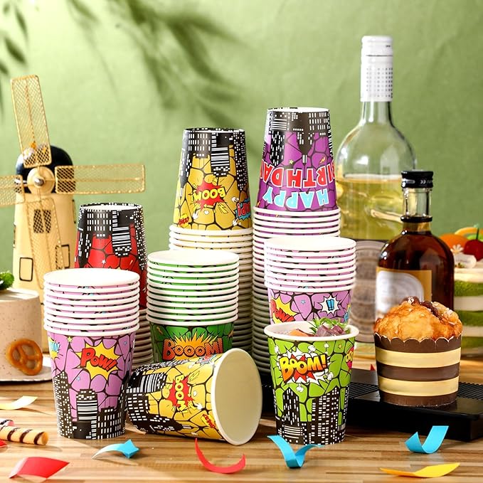 100 Pcs 9 oz Hero Disposable Paper Cups Hero Boom Party Supplies Bulk Party Disposable Coffee Cups for Tea Beverage Hot Cold Drinking Holiday Picnic Cocktail Wedding Home Offices
