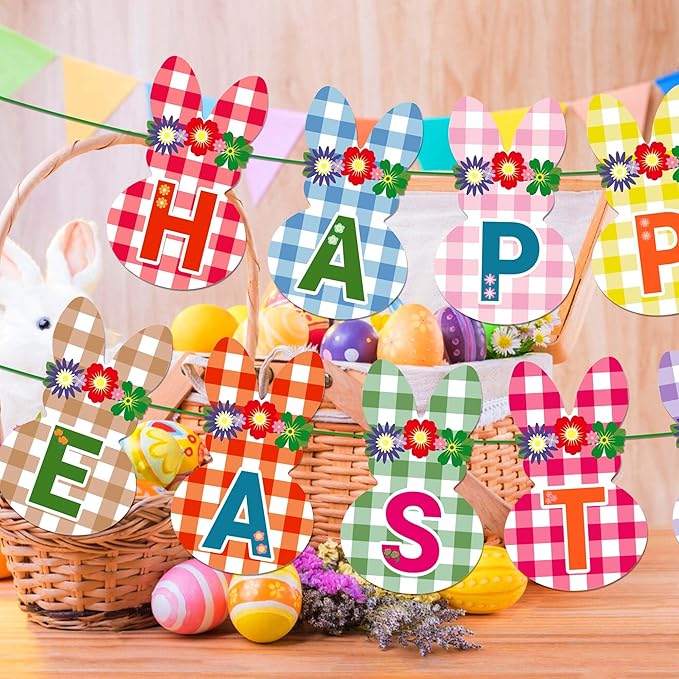 CC HOME Happy Easter Checkered Rabbit Banner Colorful Checkered Party Hanging Banner Easter Theme Birthday Bridal Wedding Baby Shower Boys Girls Kids Home Classroom Party Supplies Decoration