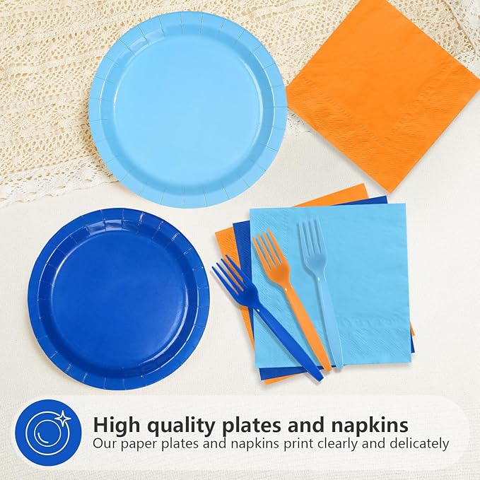 96Pcs Blue Theme Dog Birthday Party Decorations Blue Orange Dog Birthday Plates and Napkins Tableware Set Orange and Light Navy Blue Decoration for Boys Girls Cartoon Bday Party Supplies Serves 24