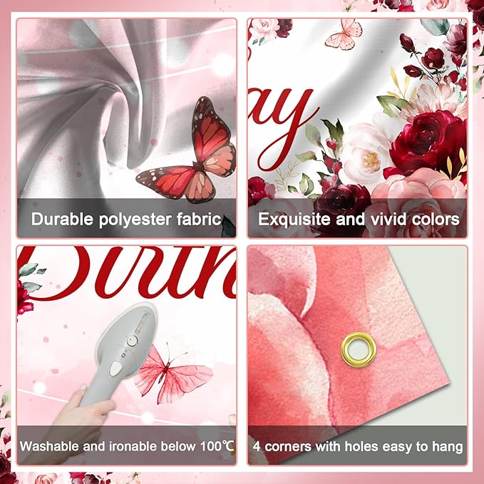 Avezano Floral Happy Birthday Banner for Women Girls Rose Gold Red Floral Birthday Party Decorations for Women Burgundy Flower B-day Party Supplies Banner (6x3.6ft)