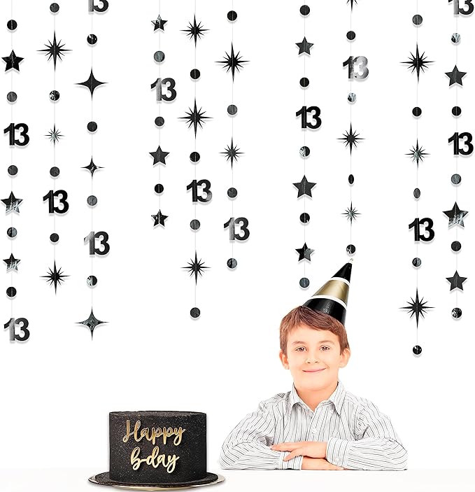 Black 13th Birthday Decorations Number 13 Circle Dot Twinkle Star Garland Metallic Hanging Streamer Bunting Banner Backdrop for Girls 13 Year Old Birthday Thirteen Official Teenager Party Supplies