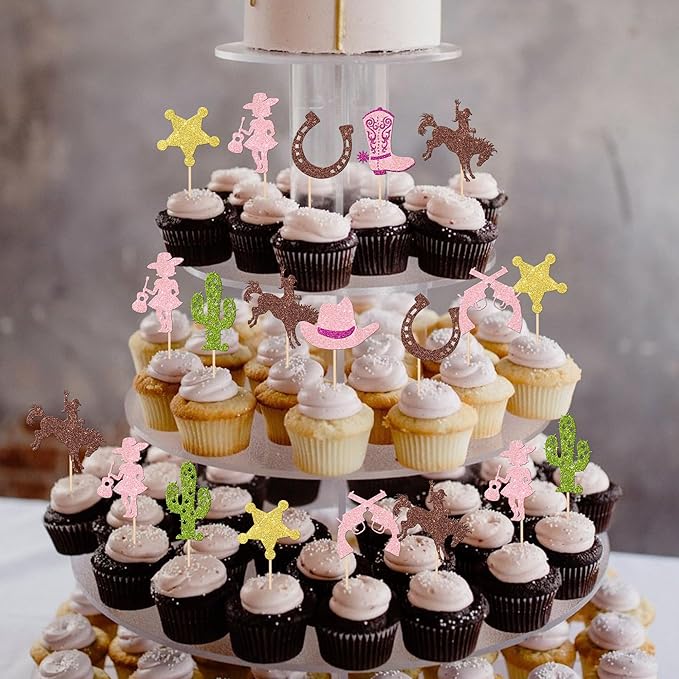 32 PCS Cowgirl Cupcake Toppers Glitter HorseShoe Cactus Star Gun Cupcake Picks Cowgirl Hats Boots Cupcake Decorations for Western Theme Baby Shower Girls Birthday Party Cake Decorations Supplies