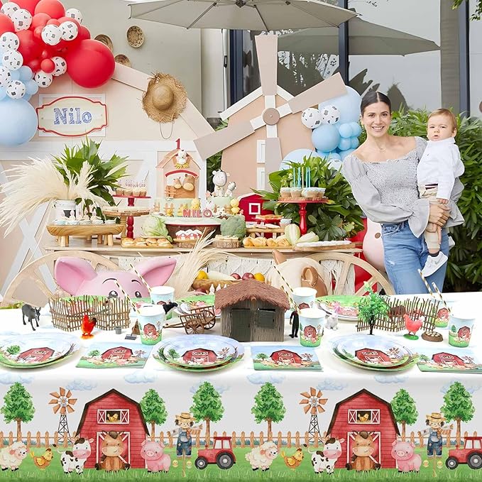 3 Pieces Farm Animal Birthday Party Supplies Tablecloth, Large Size 54 x 108 Inch Rectangular Plastic Table Cover, Barnyard Birthday Party Supplies Decorations for Baby Shower Boys Girls