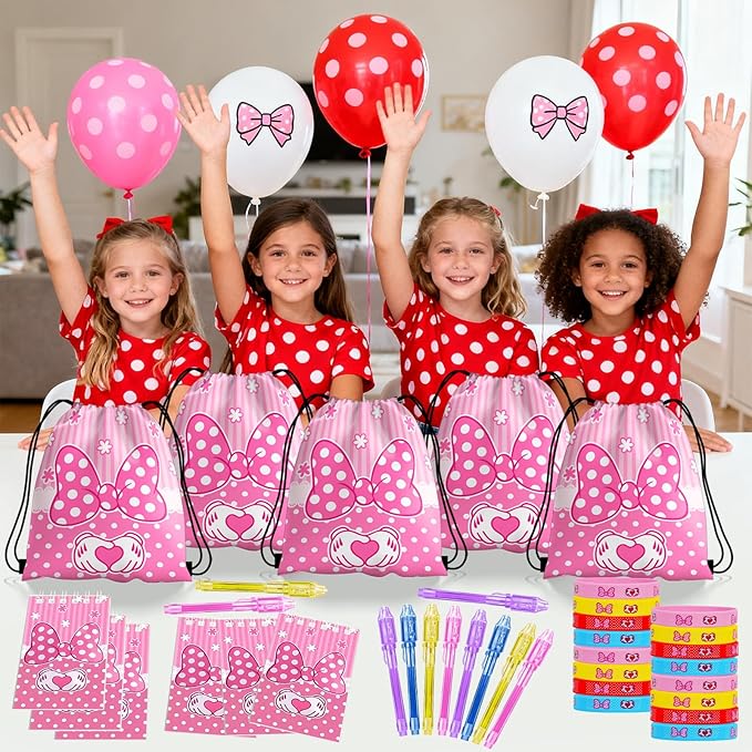 Pink Cartoon Mouse Party Favors, Animation Themed Birthday Party Supplies & Goodie Bags for Kids, Include Drawstring Bags Notebook Silicone Bracelet Highlighter for Gifts Fillers