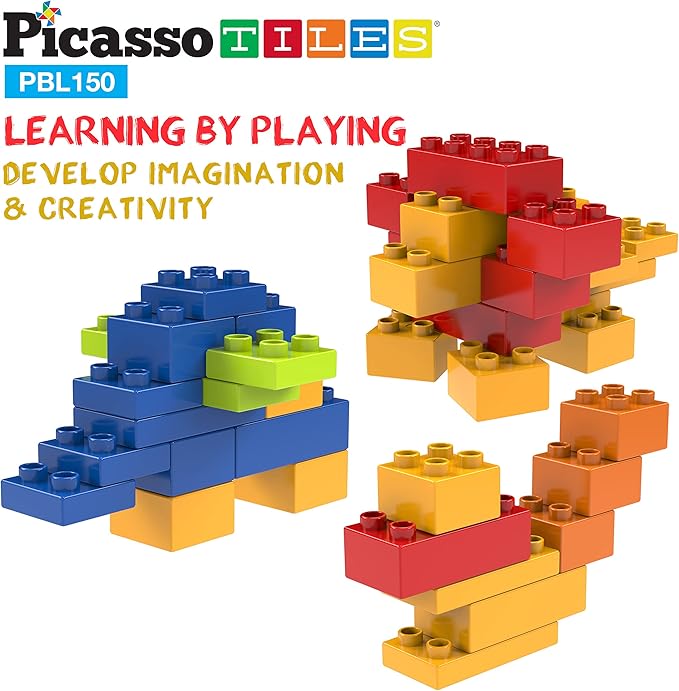 PicassoTiles 150 Piece Large Construction Brick Building Blocks STEM Bricks Toy Set Creative Learning Early Education Playset 5 Colors 4 Unique Shapes Mix & Match Toys for Kids Boys Girls Child Age 3+