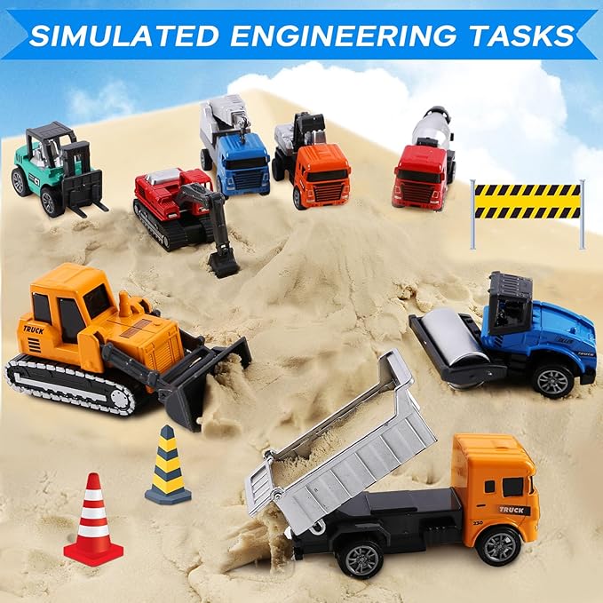 8-in-1 Mini Die Cast Alloy Construction Vehicle Set, Pull Back Toy Cars for 3 4 5 Year Old Boys Girls, Outdoor Boys Girls Toys, Ideal Gift for Birthday Party Favors & Christmas Stocking Stuffers