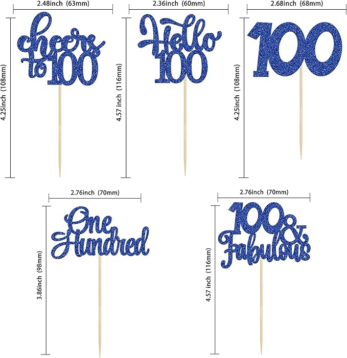 30Pcs Happy 100th Birthday Cupcake Toppers Deep Blue Glitter One Hundred Cheers to 100 Years Old Birthday Cupcake Picks for 100th Wedding Anniversary Party Cake Decorations