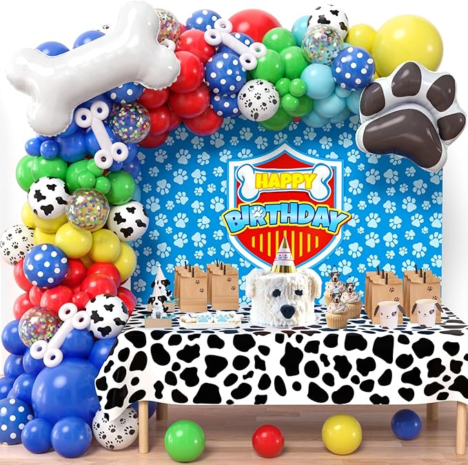 Winrayk 156Pcs Dog Paw Birthday Party Decorations Supplies for Boys Kids Teen, Blue Paw Print Balloon Arch Kit & Backdrop & Tablecloth & Dog Bone Foil Balloons, Puppy Theme Birthday Party Decorations