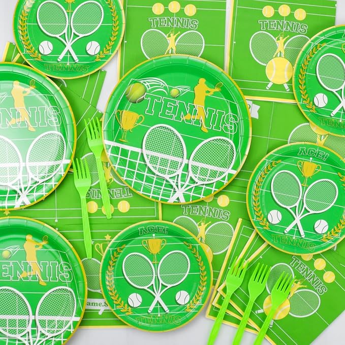 Disposable Tennis Party Supplies for 20 Guests - Set Includes Plates, Napkins, Forks, Tablecloth for Men, Women, Kids - Sports Themed Birthday Party Decor