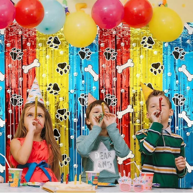 2 Pack Dog Birthday Party Decorations Foil Fringe Curtains Backdrop, 3.28 x 6.56 Ft Red Gold Blue Foil Fringe Tinsel Streamer Photo Booth Props for Birthday Party Supplies Favors