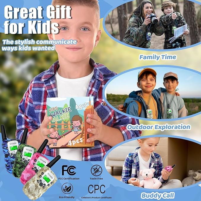 Vvinca Walkie Talkies for Kids Rechargeable 4 Pack, 3 Mile Walkie Talkie Long Range, Christmas Birthday Gift for Age 3-12 Boy Girl with Flashlight 22CH 2 Way Radio for Adventure Camping Outdoor Hiking