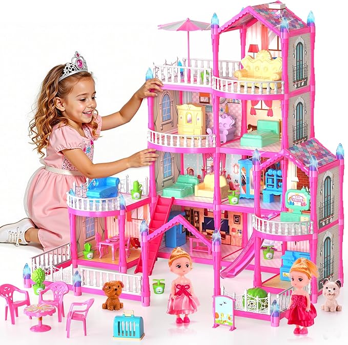 Doll House Toys for Girls, Dollhouse with Glow in The Dark, Kids Doll House Playset with 4-Story 14 Play Areas, 2 Dolls, Toy Dogs, Dollhouse Accessories and Furniture, Princess Toy Gifts