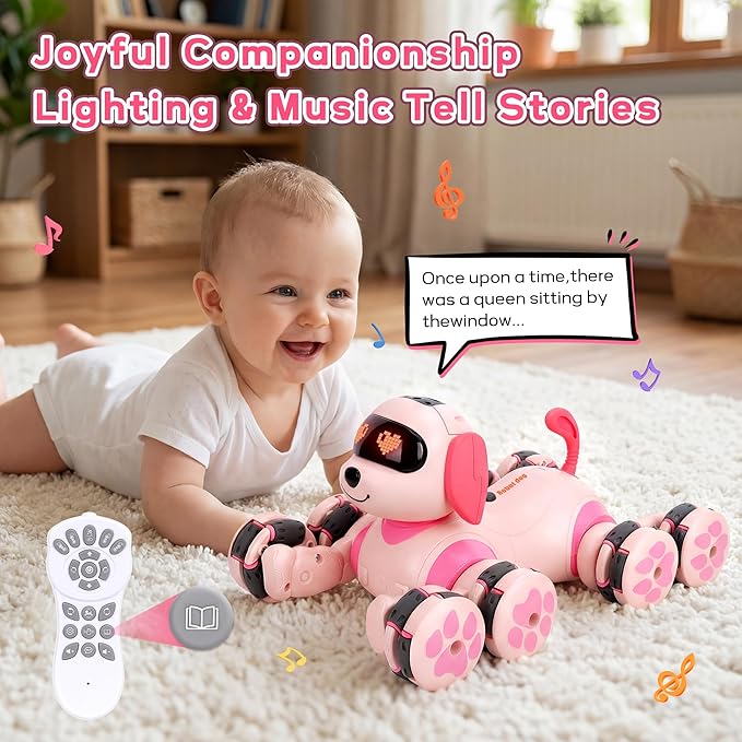 HuiJuKeJi Smart Interactive Robot Dog Toy - Easy Programmable Remote Control Robotic Pet with Gesture Sensing 8WD 360° Stunts, LED Eyes Dancing & Music RC Cars, Birthday Gift for Kids Ages 3-8