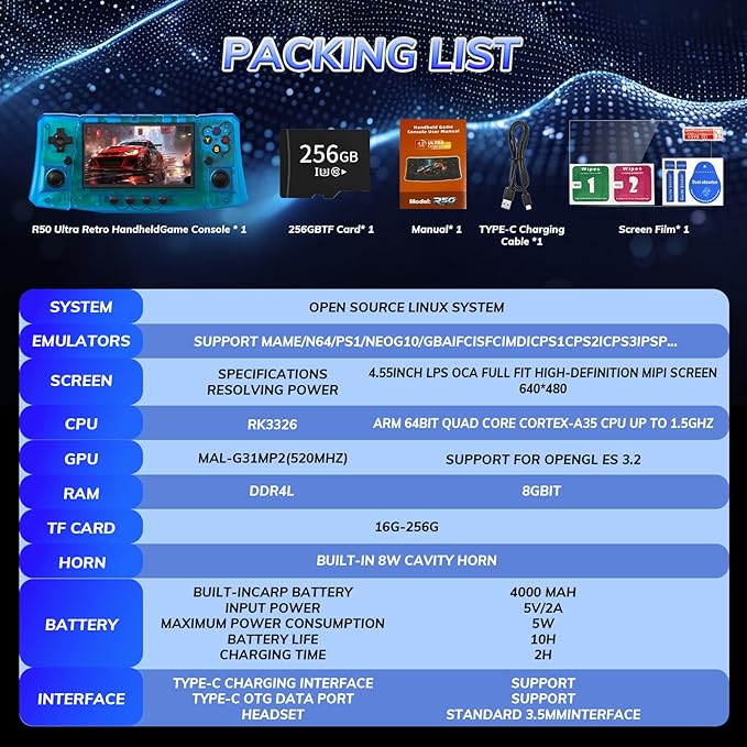 RegiisJoy R50 Ultra 50000 in 1 Handheld Game Console, 4.5 Inch IPS Screen Retro Gaming Consoles Main Emulators, Portable Mini Pocket Arcade 4000mAh Battery,256G TF Card,Linux System