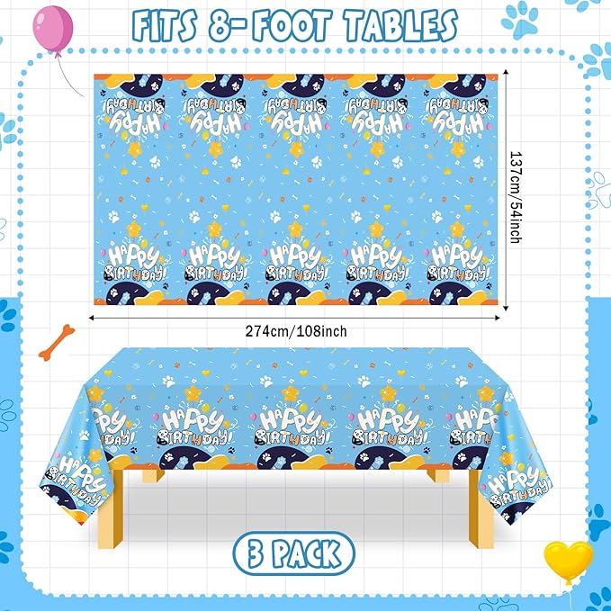 Oudain 3 Pack Blue Dog Party Tablecloth Dog Them Birthday Decor 108'' × 54'' Blue Yellow Plastic Table Cloth Puppy Paw Prints Bone Disposable Rectangle Table Cover for Baby Shower Party Supplies