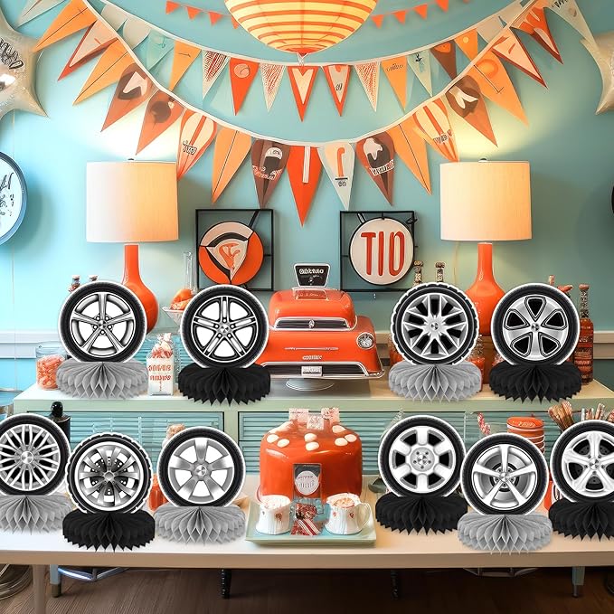 12Pcs Race Car Centerpieces for Tables, Racing Car Birthday Party Decorations Wheel Tire Centerpieces Decor, Double-Sided Tire Decorations for Car Themed Birthday Party Supplies