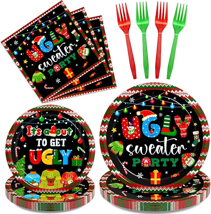 96Pcs Christmas Ugly Sweater Party Plates, Merry Christmas Party Decorations Supplies for Winter Holiday Xmas Family Gathering Birthday Party Disposable Tableware Set, Serves 24