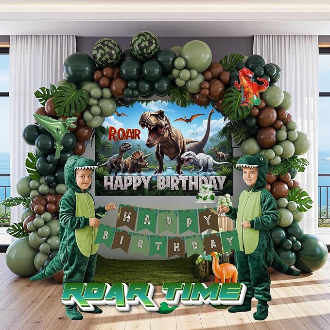 Dinosaur Birthday Party Decorations - Includes Green and brown balloon arch & Small dino Foil balloons & Banner Backdrop Footprint Sticker & for kids Jungle Dinosaurs T-REX ROAR themed party Supplies