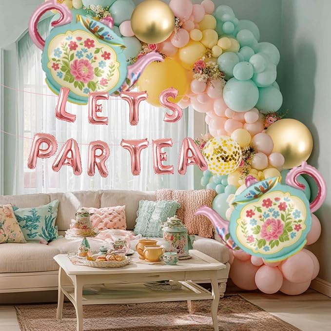 LET'S PAR TEA Banner Balloons, 35" Huge Teapot Aluminum Foil Balloons for Birthday, Baby Shower, Wedding, Bridal, Engagement, Bachelorette, Princess, Garden Party Decorations Supplies