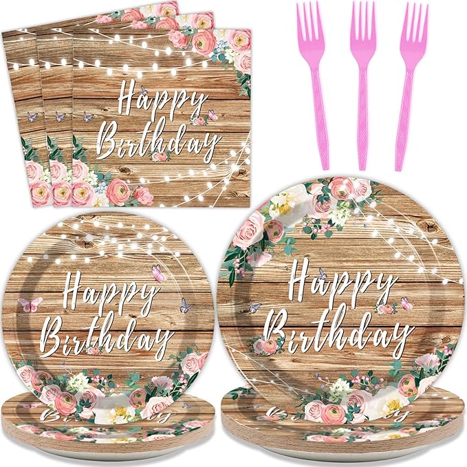 96PCS Spring Floral Birthday Party Plates Wood Grain Pink Flower Rustic Tableware Set for Girls Kids Bridal Shower Party Supplies Wooden Birthday Paper Plates Napkins Decorations for 24 Guests