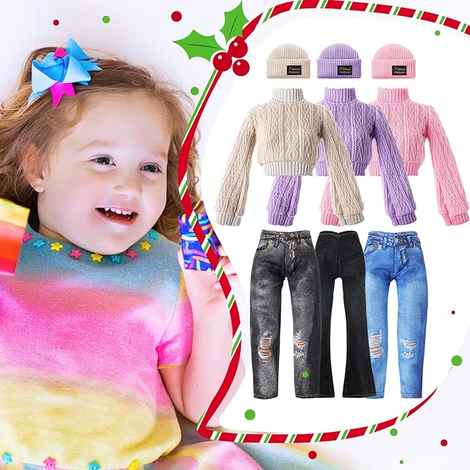 6 Pcs Winter Doll Clothes 11.8 Inch Fashion Doll Accessories Set Sweaters Denim Pant Clothing Sweet Outfits for Winter Spring Party Birthday Gift(Multicolor)