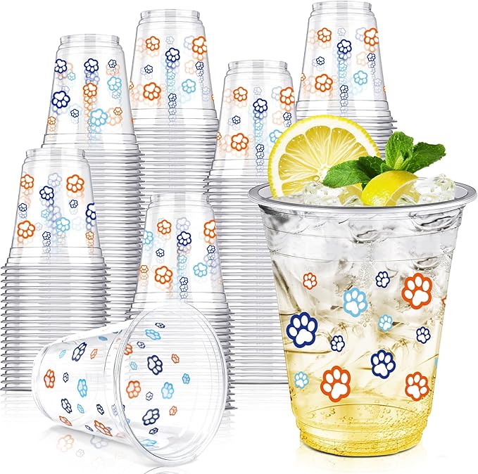 Uiifan 50 Pcs Blue Dog Paw Plastic Cups Paw Print Birthday Party Supplies 12 oz Disposable Plastic Puppy Cups Cartoon Blue Orange Party Decorations for Patter Hot Cold Drinking Ice Coffee