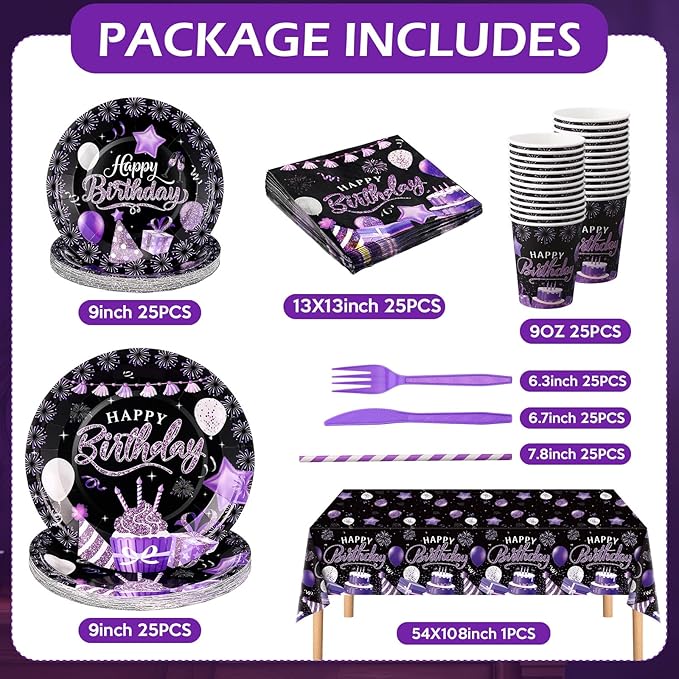 Norme 176 Pcs Purple and Black Birthday Tableware Set Birthday Decoration Includes Tablecloth Paper Plates Napkins Paper Cups Forks Knifes and Straws for 25 Guests Party Supplies (Modern)