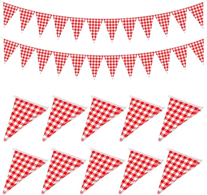 Boao 10 Strips Red and White Checkered Banner 98 ft Gingham Pennant Banner Flag Paper Pennant for BBQ Picnic Carnival Theme Birthday Wedding Pizza Festivals Party Decorations Outdoor Home Decor