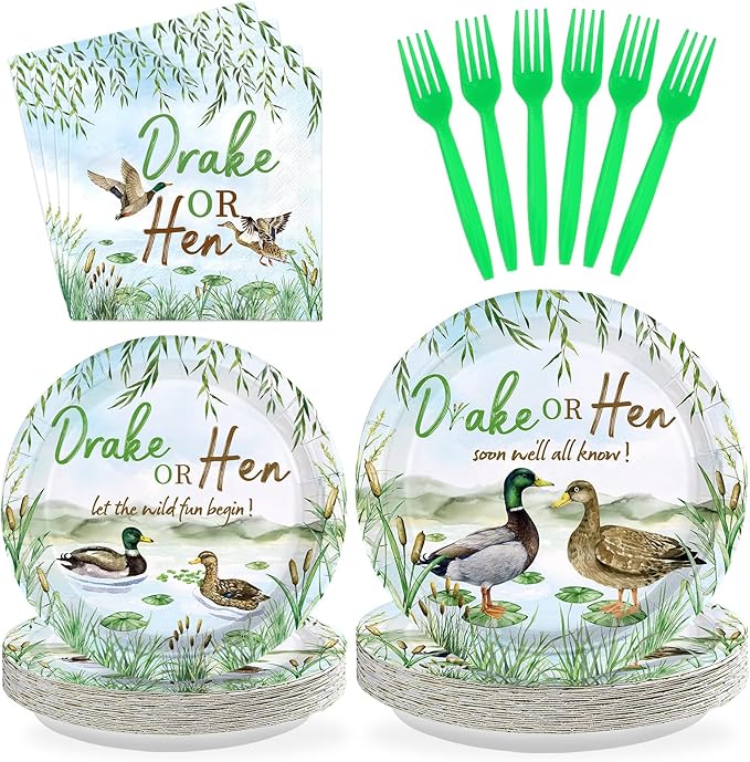 96Pcs Mallard Duck Gender Reveal Party Decorations Mallard Duck Gender Reveal Plates and Napkins Drake or Hen Disposable Tableware for Baby He or She Party Decorations Serve 24