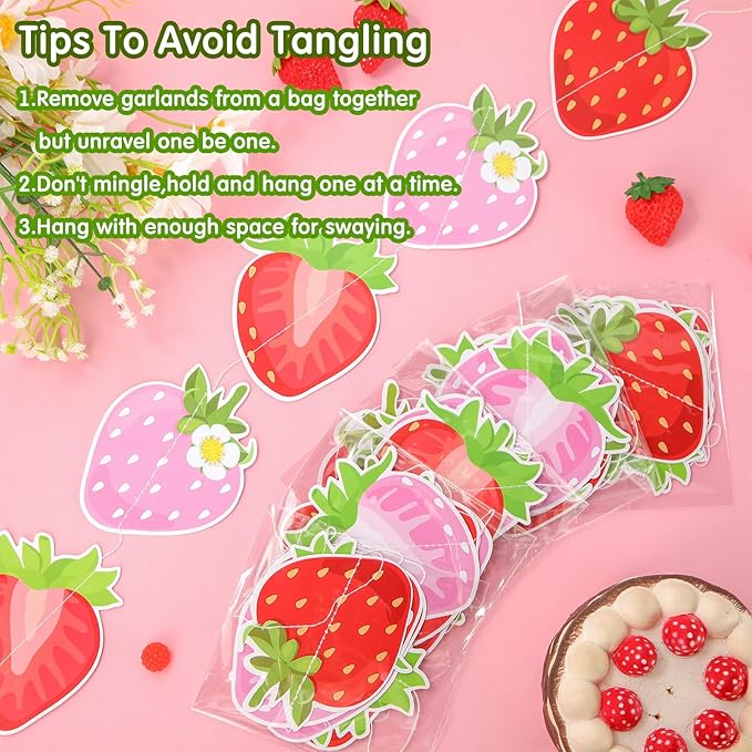 Duraaamo 8 Pack Strawberry Party Banner Decoration Summer Paper Garland Strawberry Paper Hanging Cutout Banners for Baby Shower Party Supplies Decor